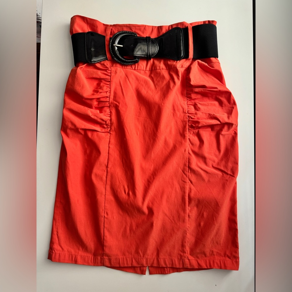 Kate Kasin Bright Orange & Black Belted Pencil Skirt